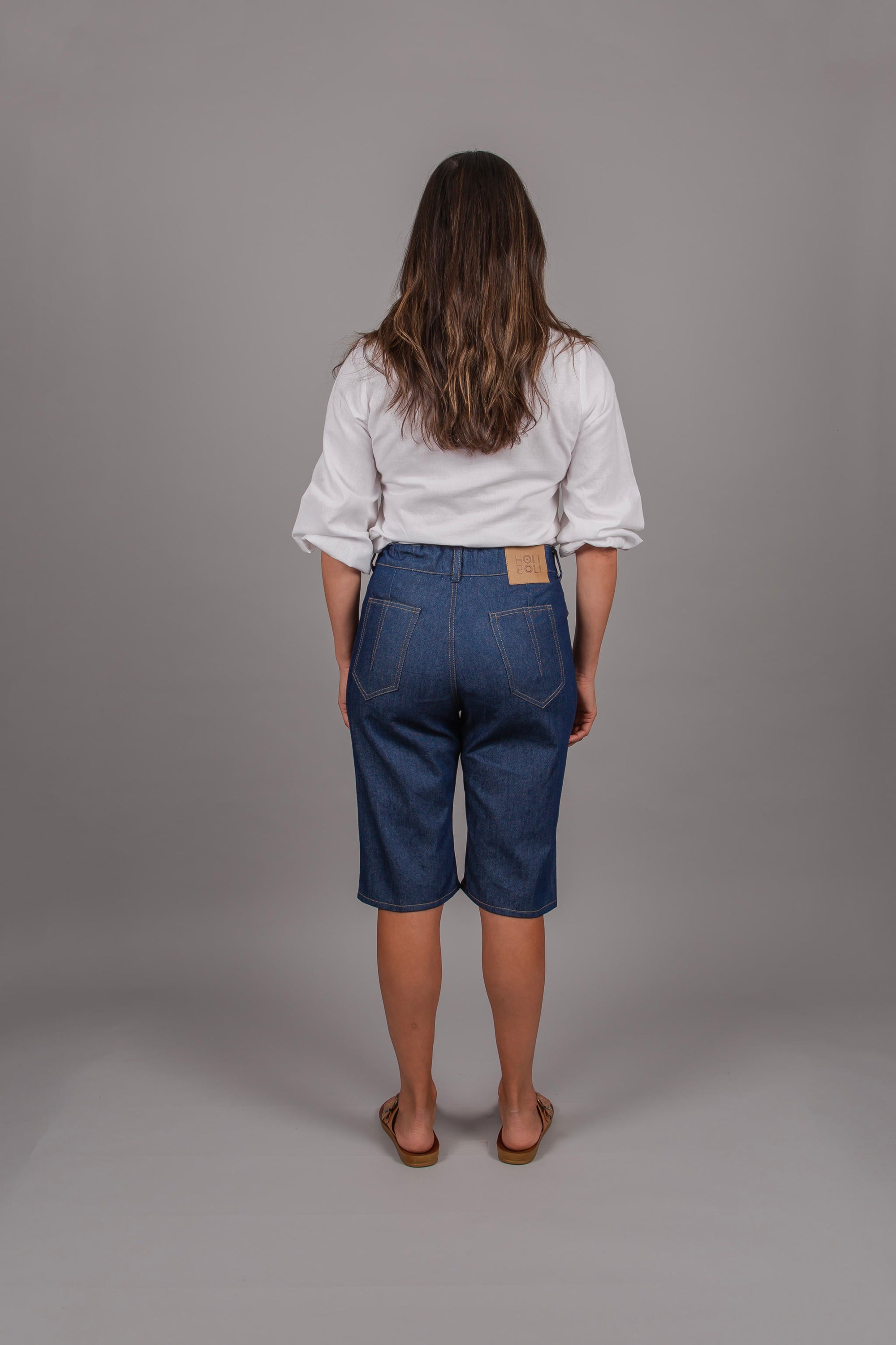 Holi Boli long denim short, 100% Cotton Denim, environmentally conscious fabric manufacturer, ethical, sustainable, designed in New Zealand