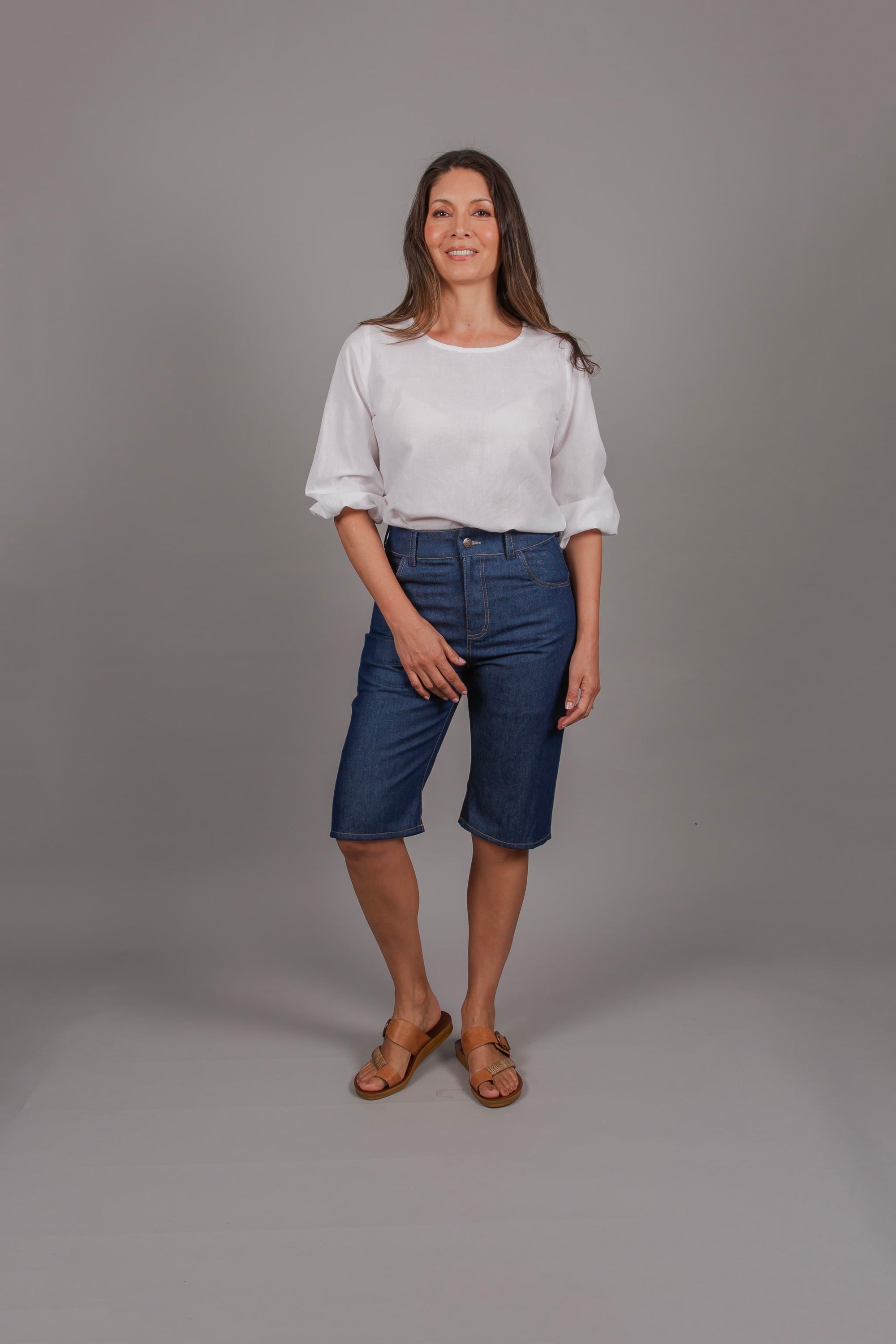 Holi Boli long denim short, 100% Cotton Denim, environmentally conscious fabric manufacturer, ethical, sustainable, designed in New Zealand